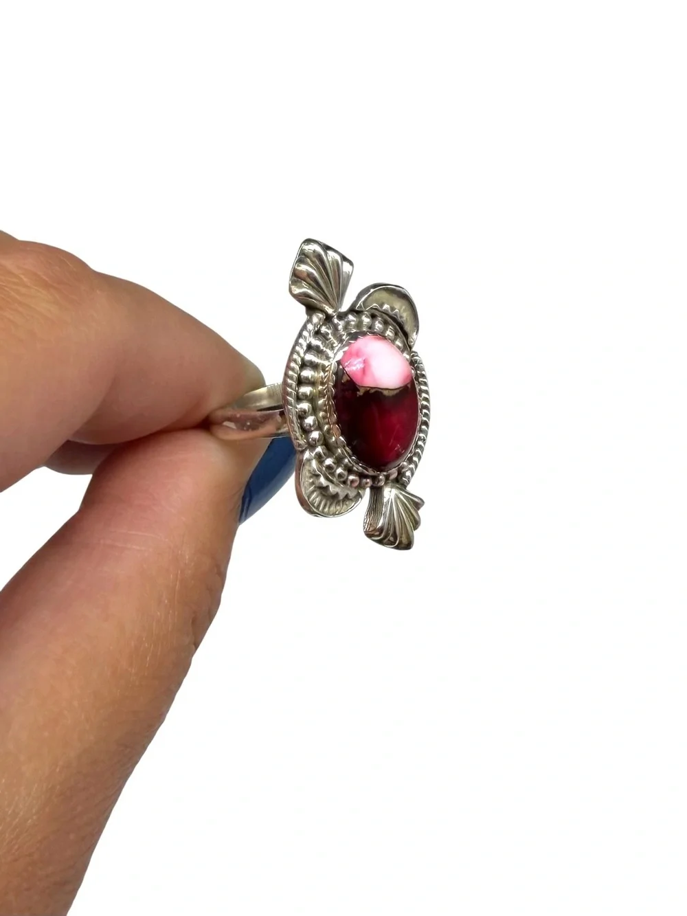 Kingman Red Rose Dahlia Turquoise Ring Adjustable Size 7 - 9 925 Sterling Silver